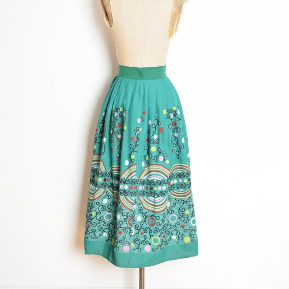 vintage 50s skirt green rayon full flock printed graphic high waisted volup L XL - Picture 8 of 10